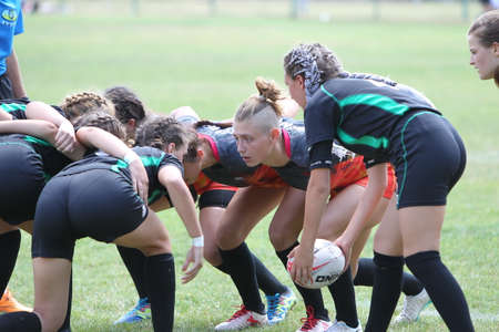 Odessa, Ukraine - August 22, 2020: Ukrainian Cup among women rugby teams Odessa. Tense moment of girls' rugby fight. Dramatic challenging game for women's rugby teamのeditorial素材