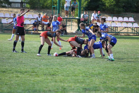 Odessa, Ukraine - August 22, 2020: Ukrainian Cup among women rugby teams Odessa. Tense moment of girls' rugby fight. Dramatic challenging game for women's rugby teamのeditorial素材