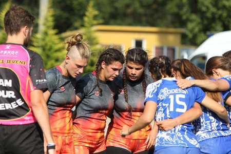 Odessa, Ukraine - August 22, 2020: Ukrainian Cup among women rugby teams Odessa. Tense moment of girls' rugby fight. Dramatic challenging game for women's rugby teamのeditorial素材