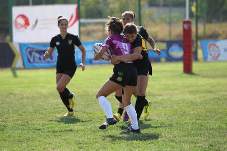Odessa, Ukraine - August 22, 2020: Ukrainian Cup among women rugby teams Odessa. Tense moment of girls' rugby fight. Dramatic challenging game for women's rugby teamのeditorial素材