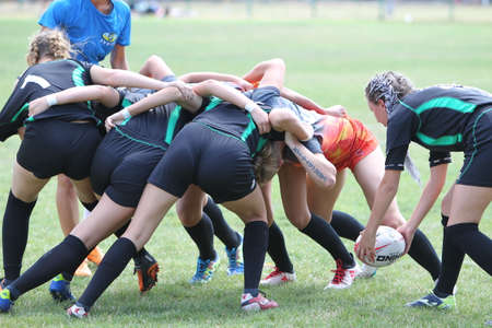 Odessa, Ukraine - August 22, 2020: Ukrainian Cup among women rugby teams Odessa. Tense moment of girls' rugby fight. Dramatic challenging game for women's rugby teamのeditorial素材