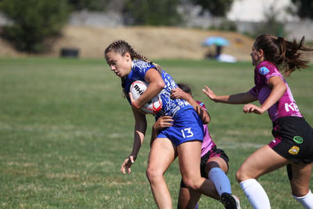 Odessa, Ukraine - August 22, 2020: Ukrainian Cup among women rugby teams Odessa. Tense moment of girls' rugby fight. Dramatic challenging game for women's rugby teamのeditorial素材