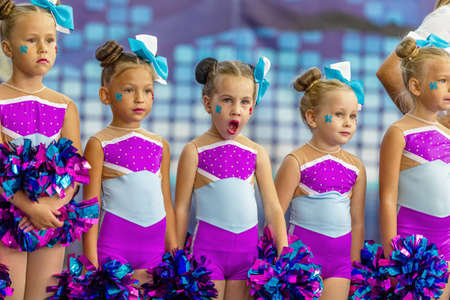 ODESSA, UKRAINE - September 20, 2020: Children's Cheerleading Championship. Young cheerleaders...