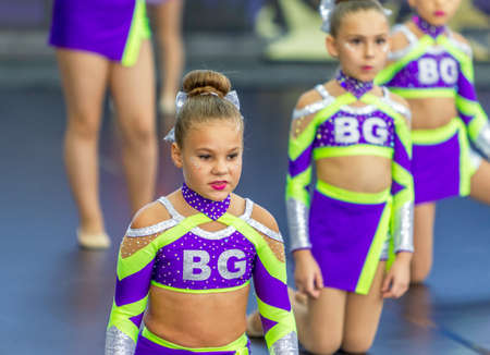 ODESSA, UKRAINE - September 20, 2020: Children's Cheerleading Championship. Young cheerleaders...