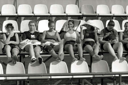 ODESSA, UKRAINE - CIRCUS, 2020: Spectators in the stands of a small rugby stadium as their favorite...