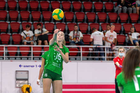 ZAPOROZHYA, UKRAINE-09/23/2020. Volleyball Cup Ukraine. Champion of Ukraine VK KHIMIK Yuzhny (green) and PROMETEY (KAMENSKOE) red. Victory in women's volleyball champions match. Game of women's sportsのeditorial素材