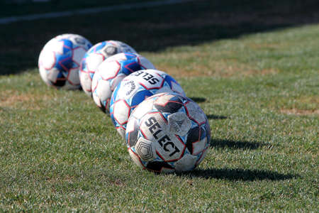 ODESSA, Ukraine - CIRCA 2020: Official soccer ball on a green soccer field. The official ball of the European football tournamentのeditorial素材