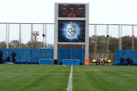 ODESSA, Ukraine - CIRCA 2020: White chalk lines marking a soccer field for playing soccer. Football...