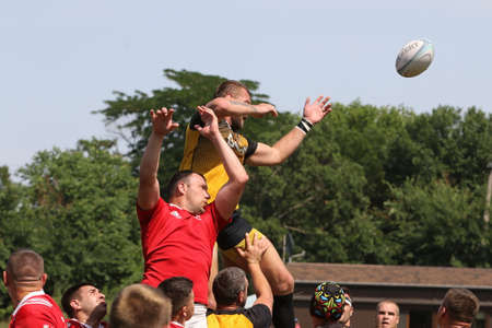 Odessa, Ukraine - June 23, 2021: Odessa National Team CREDO (red) - OLYMP-Kharkiv (yellow) in rugby...