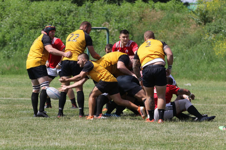 Odessa, Ukraine - June 23, 2021: Odessa National Team CREDO (red) - OLYMP-Kharkiv (yellow) in rugby 7s. Sharp aggressive fight of male rugby players for ball. Dynamic play on green grass of stadiumのeditorial素材