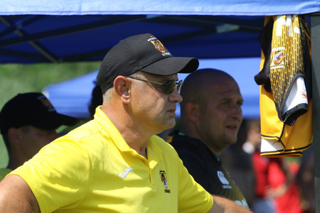 Odessa, Ukraine - June 23, 2021: Odessa national team CREDO (red) - OLYMP Kharkiv (yellow) rugby-7. Valeriy Kochanov - head coach of OLYMP rugby club - Kharkiv - coach of national team of Ukraineのeditorial素材