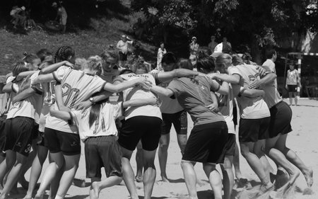 ODESSA, UKRAINE July 8, 2021: Ukrainian Beach Soccer Women's Cup. The girl's footballers are desperately playing beach soccer on sand of sea city beach on a hot sunny day. Women's soccer on sandのeditorial素材