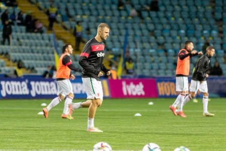 ODESSA, UKRAINE -11 November 2021: Friendly football match between football teams of FC Ukraine (blue) and FC Bulgaria (white) Game moment of tournament. Bulgarian goalkeeperのeditorial素材