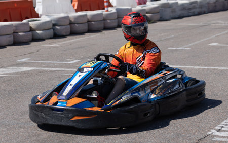 ODESSA, UKRAINE - August 7,2022: Extreme car racing. healthy lifestyle. Tense moments of race. People are into motorsports. Karting. Hobbies, sport, recreation, lifestyle. Risk and excitement on courtのeditorial素材