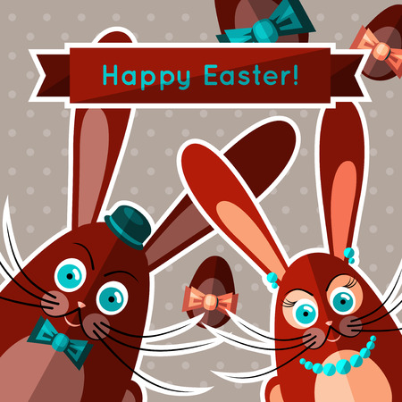 Family of sweet chocolate bunnies. Vector template with flat design. Happy Easter!のイラスト素材