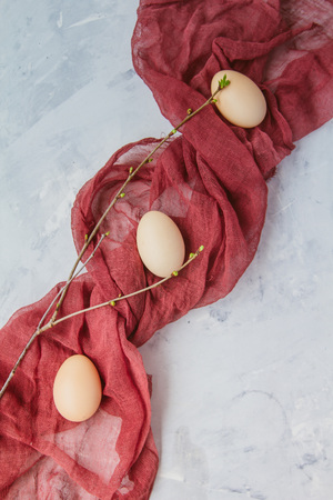 Raw eggs lie on a cotton wool napkin, next to it lies a branchの写真素材