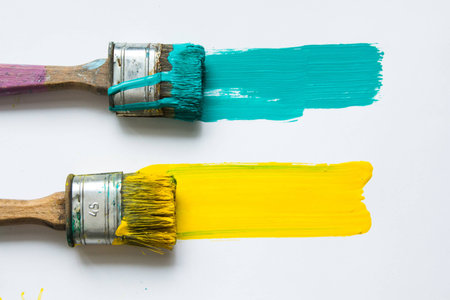 Brushes stained with yellow and blue paint lie on a light backgroundの写真素材