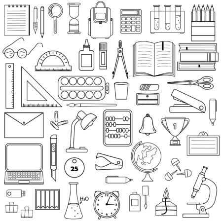 Set of stationery and school supplies in the Doodle style, black outline white background, vector illustration, isolated objects, design, decoration, coloring, iconのイラスト素材