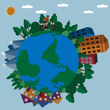 Cyclist's day trip around the Earth past the city village mountains and forest, vector illustrationのイラスト素材