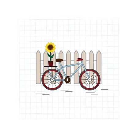 Romantic illustration on a checkered sheet with the image of a giant standing at the fence with a sunflower flower in a pot, vectorのイラスト素材