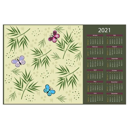 Calendar for 2021 with butterfly texture, bamboo leaves and other decorative elements, light green background, vector illustrationのイラスト素材