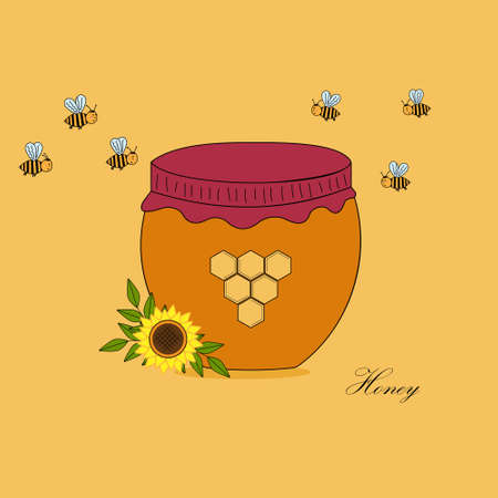 Large yellow honey jar with honeycomb label, yellow background illustrationのイラスト素材