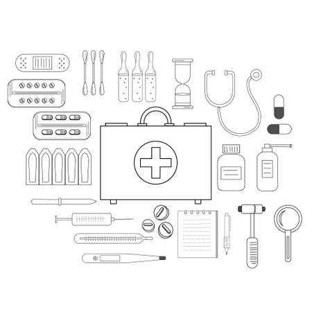 First aid kit and its contents medicines and medicines in Doodle style, black outline on a white backgroundのイラスト素材