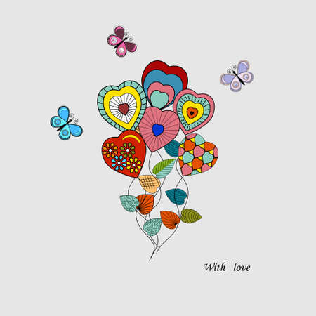 Romantic bouquet of hearts and butterflies in collage style illustrationのイラスト素材