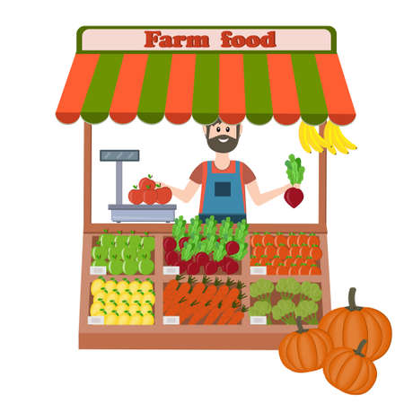 farm organic food store fruits and vegetables with a male seller, color illustration in flat styleのイラスト素材