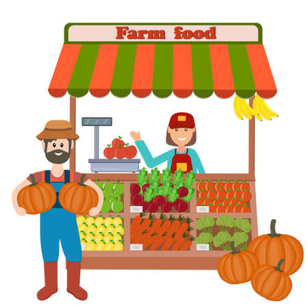 shop with vegetables and fruits with a seller and a farmer, color vector illustration in flat style on a white background, banner, design, decorationのイラスト素材