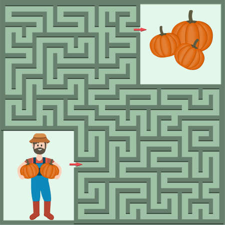 Maze for children where the farmer must get to the pumpkin, color vector illustration in flat style, design and decoration of children's books and websitesのイラスト素材