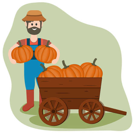color  illustration of a farmer and a pumpkin cart, harvesting, flat styleのイラスト素材