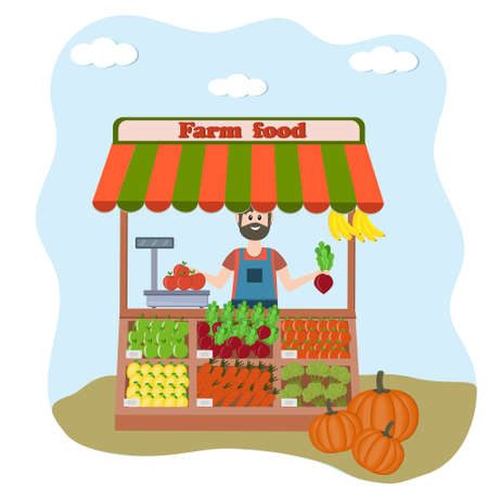 farm organic food store fruits and vegetables with a male seller, color  illustration in flat styleのイラスト素材