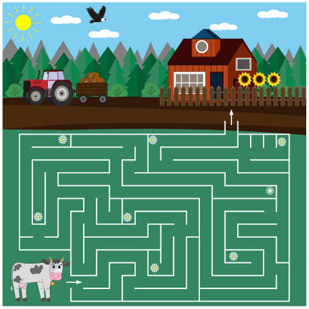 Task maze for children on the theme of nature, it is necessary to find the right way to the cow returned homeのイラスト素材
