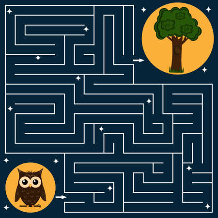 Task maze for children on the theme of nature, help the owl to return to his tree houseのイラスト素材