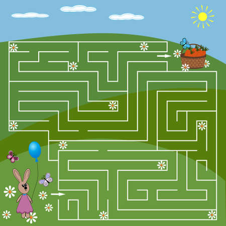 maze puzzle for children on the theme of nature, hare and basket with carrotsのイラスト素材