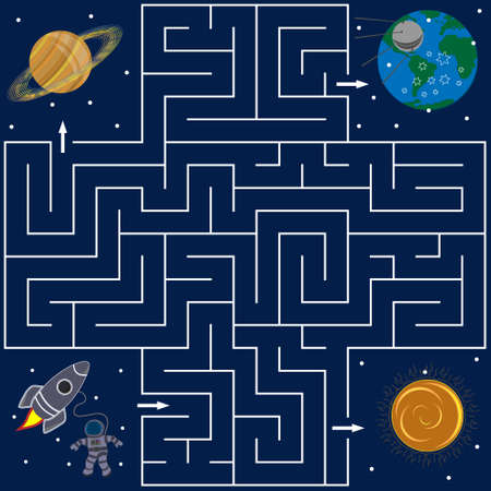 Maze puzzle for children on the theme of space with the image of space bodies, it is necessary to find the way to the cosmonaut to the planet Earth, background blue, vector illustrationのイラスト素材