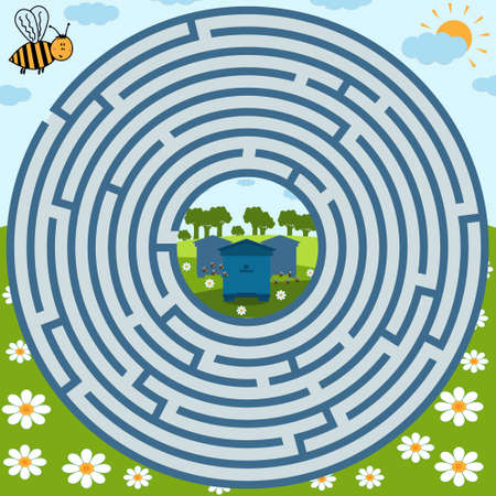 Maze puzzle on the theme of nature, where the bee must find the way to the apiary, the shape of the maze is round, color vector illustration, education and entertainment for children, design of books and websitesのイラスト素材
