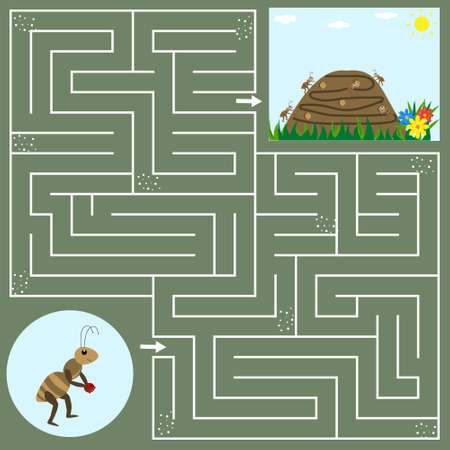 maze puzzle for children on the theme of nature, help the ant find the way to the anthill, vector illustration, green backgroundのイラスト素材