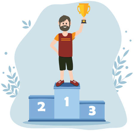 Male athlete on the podium in the first place holding the prize gold Cup, color vector illustration in the style of flat, design, decoration, banner, posterのイラスト素材