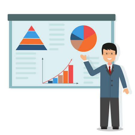 male teacher at the blackboard at a seminar with economic charts in flat style, white background, color vector illustration, design, decoration, banner, posterのイラスト素材