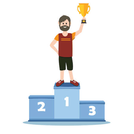 Male athlete on the podium in the first place holding the prize gold Cup, color vector illustration in the style of flat, design, decoration, banner, posterのイラスト素材
