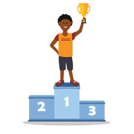 Male athlete on the podium in the first place holding the prize gold Cup, color vector illustration in the style of flat, design, decoration, banner, posterのイラスト素材