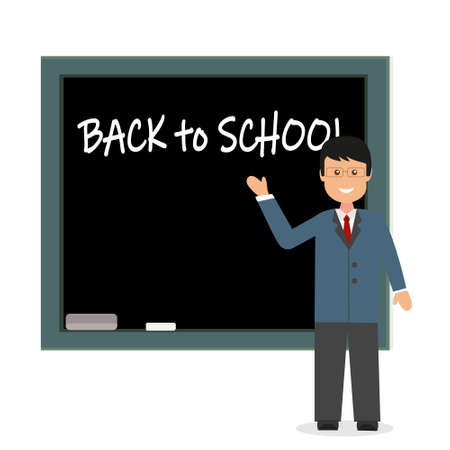 male teacher at the blackboard in flat style, white background, color vector illustration, design, decoration, banner, posterのイラスト素材