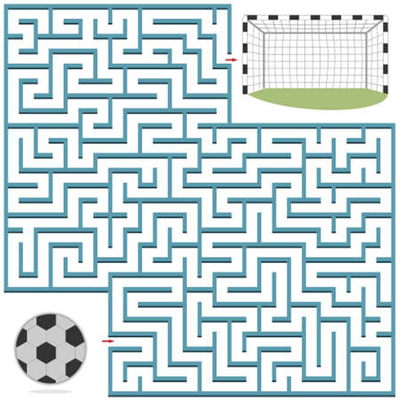 Maze puzzle on the theme of sports, football, help the ball get into the goal, the shape of the maze is square, background is white, vector, for education, development, design of children's booksのイラスト素材