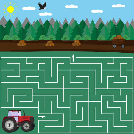 Colorful maze puzzle for children Tractor and field with hay, find the way, vector illustrationのイラスト素材