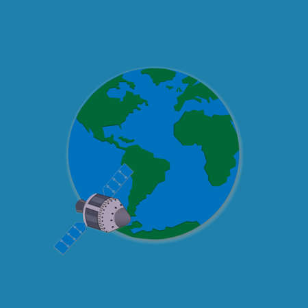 Space satellite on the background of Earth and outer space, flat design style, blue blue background, vector icon illustrationのイラスト素材