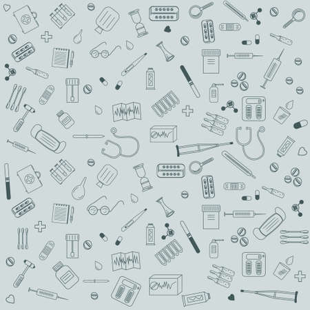 pattern on the subject of medicine, dark gray outline, light gray background, vector illustration, design, decoration, bannerのイラスト素材