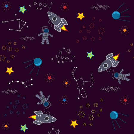 Seamless pattern with rockets and astronauts among stars, comets and constellations on a dark red background vector illustrationのイラスト素材
