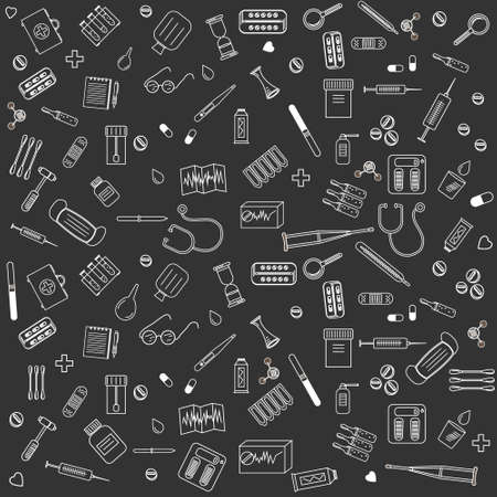 medicine pattern white outline black background, vector illustration, design, backgroundのイラスト素材